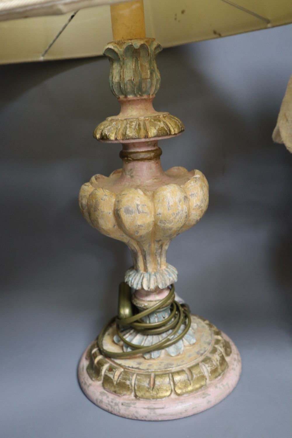 A painted and gilded wood table lamp, 41cm and a toleware flask table lamp